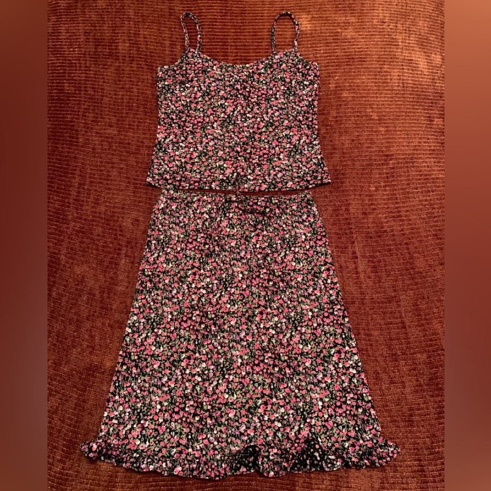 Black & Pink Floral Spaghetti Strap Top & Ruffled Skirt